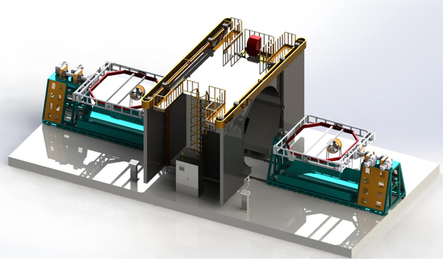 Máquina de rotomoldagem com lançadeira de dois quadros